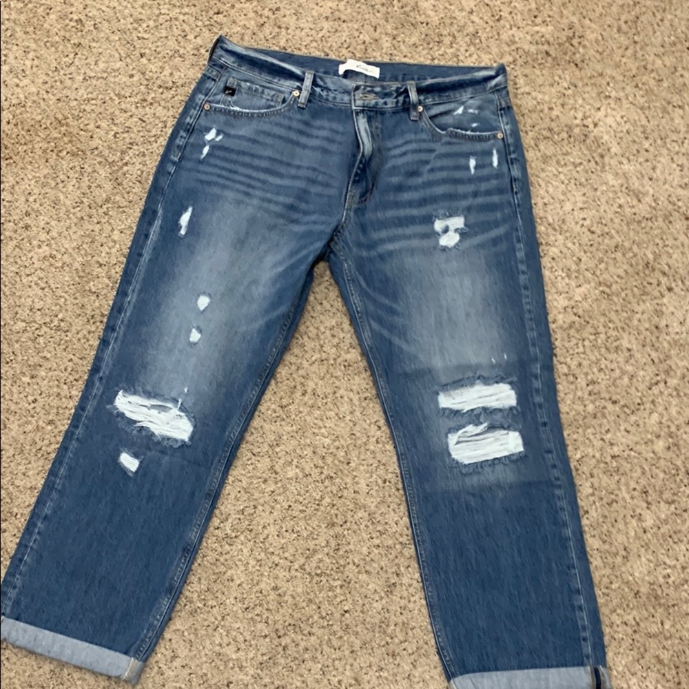 Blue Distressed Boyfriend Jeans with Raw Hem